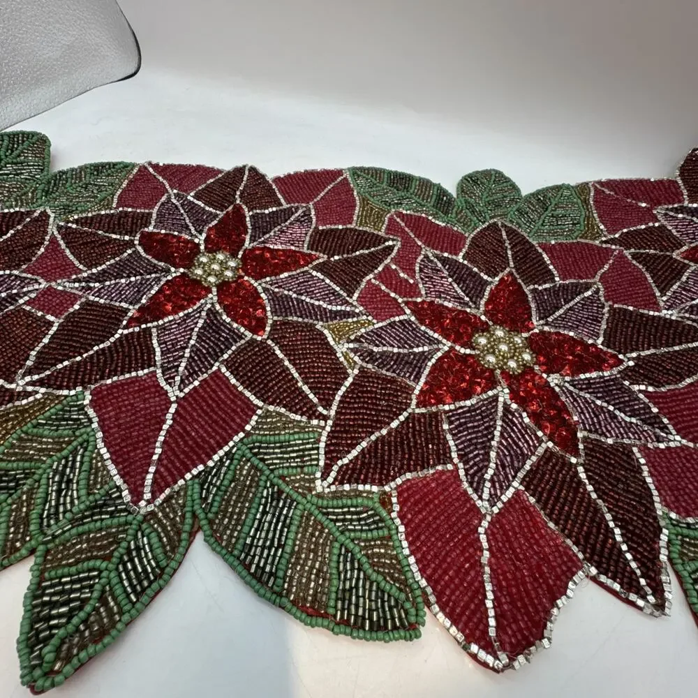 Holiday Theme Beaded Multicolor Table Runner Polyester Back 13